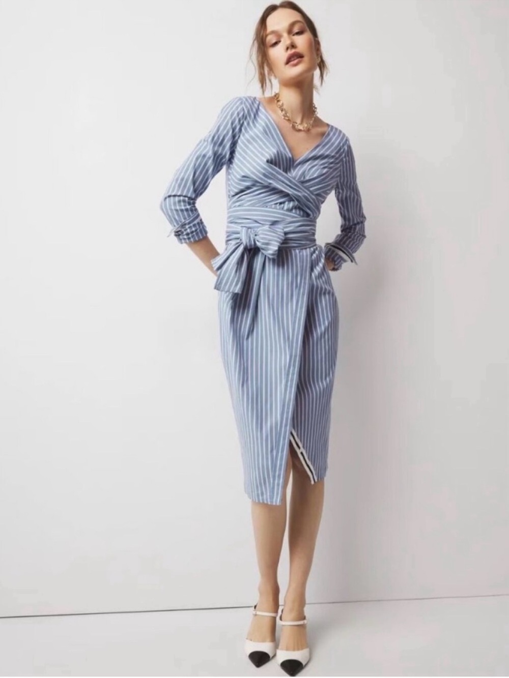 NEW White House Black Market Poplin Twist-Front Midi Shirt Dress Blue Size 8 NWT - Picture 3 of 10